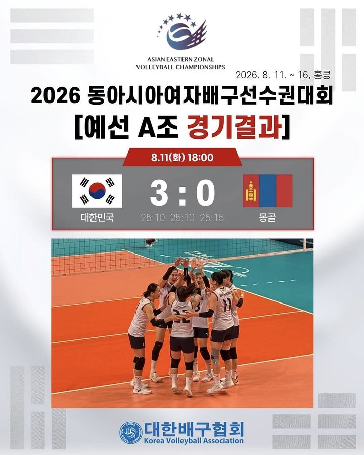 [서울=뉴시스] 차상현 감독이 이끄는 한국 여자배구 대표팀이 11일 홍콩 퀸 엘리자베스 스타디움에서 열린 2026 동아시아 여자배구선수권대회 조별리그 A조 1차전에서 몽골을 상대로 승리했다. (사진=대한배구협회 공식 SNS 캡처) 2026.08.11. *재판매 및 DB 금지