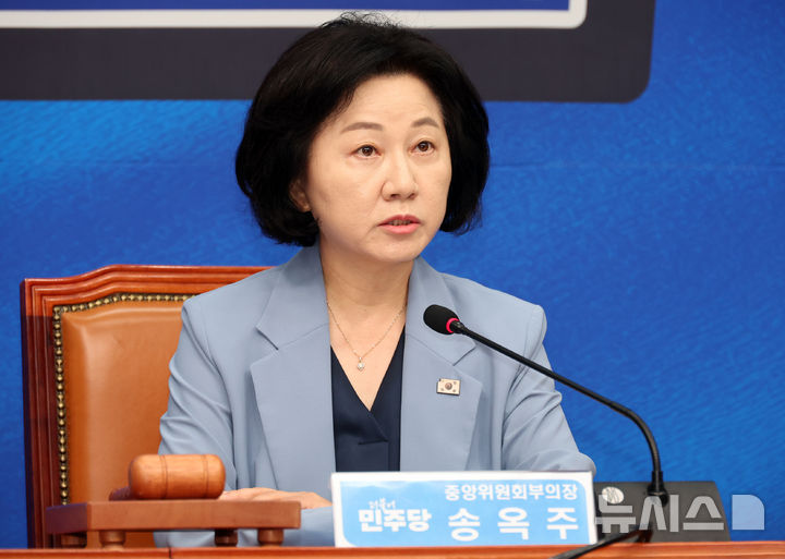 [서울=뉴시스] 최진석 기자 = 송옥주 더불어민주당 중앙위원회 부의장이 11일 여의도 국회에서 열린 중앙위원회의에서 발언하고 있다. 2026.08.11. myjs@newsis.com