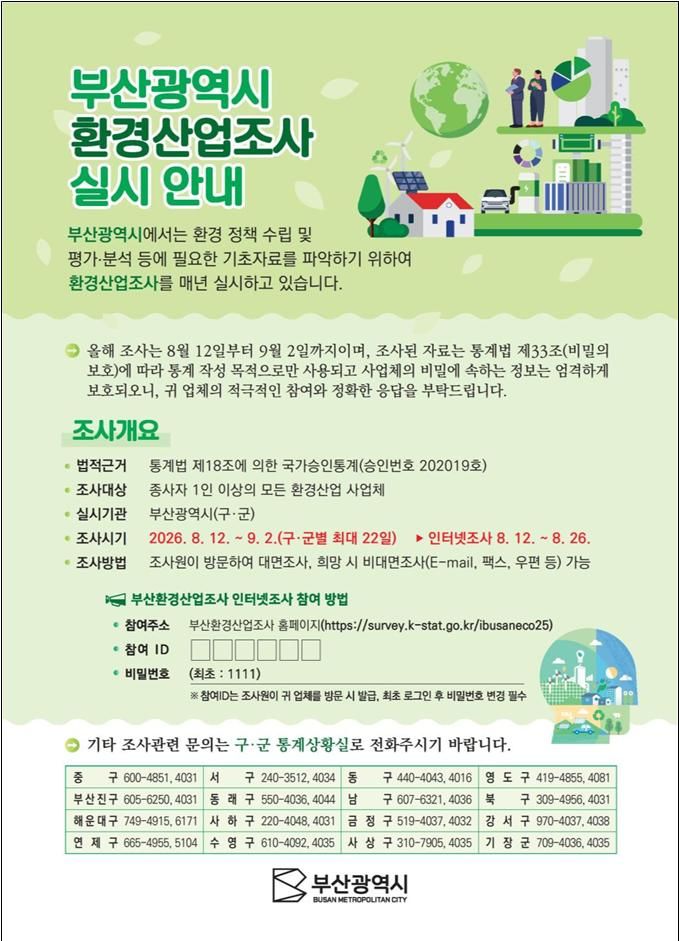 [부산=뉴시스] 부산시가 12일부터 내달 2일까지 작년 기준 '부산환경산업조사'를 실시한다. (사진=부산시 제공) 2026.08.12 photo@newsis.com *재판매 및 DB 금지