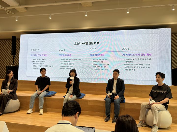 [서울=뉴시스] 김민성 기자 = 12일 오전 서울 서초구 현대차 사옥에서 열린 '현대차그룹 AX 성과 발표회'에서 참석자들이 질문에 답변하고 있다. (왼쪽 두 번째 부터) 장영석 제네시스고객경험팀 책임매니저, 진은숙 ICT 담당 사장, 이상홍 정보보안2실 상무, 서창윤 웹프론트엔드개발팀 책임매니저. 2026.08.12. kms@newsis.com. *재판매 및 DB 금지