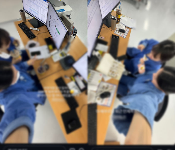 [전북=뉴시스] 이달 전북의 한 대형병원 간호사가 근무 중 올린 사회관계망서비스(SNS). 업로드된 이 사진에는 환자의 개인정보 등이 그대로 담겨있는 전자의무기록(EMR)이 그대로 노출된 상태였다. 블러 처리가 되지 않은 곳이 EMR 화면. (사진=독자 제공) 2026.08.12. photo@newsis.com *재판매 및 DB 금지