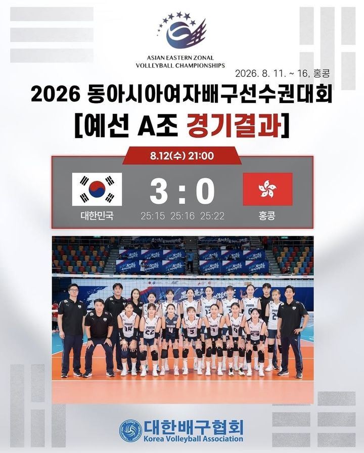 [서울=뉴시스] 동아시아선수권 대회 조별리그에서 홍콩을 꺾은 한국 여자 배구 대표팀. (사진=대한배구협회 SNS 캡처) 2026.08.12. *재판매 및 DB 금지