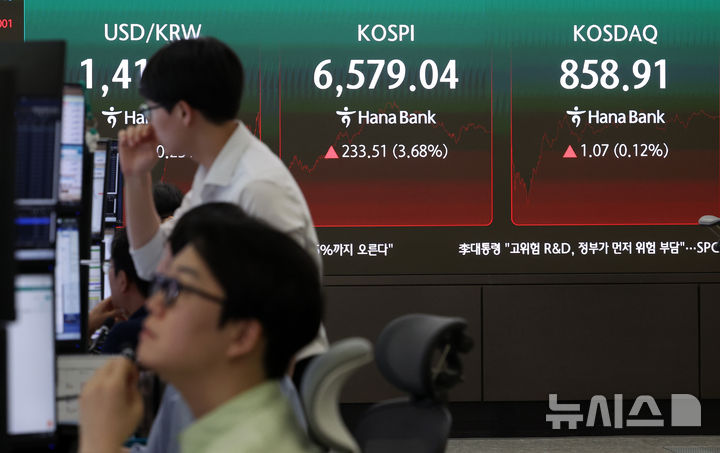 [서울=뉴시스] 이영환 기자 = 코스피가 전 거래일보다 233.51포인트(3.68%) 오른 6759.04에 마감한 12일 오후 서울 중구 하나은행 딜링룸 전광판에 종가가 표시되어 있다. 코스닥지수는 1.07포인트(0.12%) 오른 858.91, 서울외환시장에서 원·달러 환율은 종가기준 0.3원 내린 1415.7원에 마무리 했다. 2026.08.12. 20hwan@newsis.com