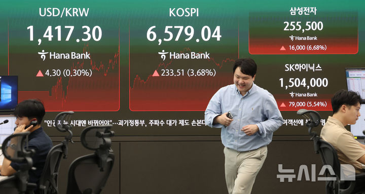 [서울=뉴시스] 이영환 기자 = 코스피가 전 거래일보다 233.51포인트(3.68%) 오른 6759.04에 마감한 12일 오후 서울 중구 하나은행 딜링룸 전광판에 코스피 및 삼성전자, SK하이닉스의 종가가 표시되어 있다. 2026.08.12. 20hwan@newsis.com