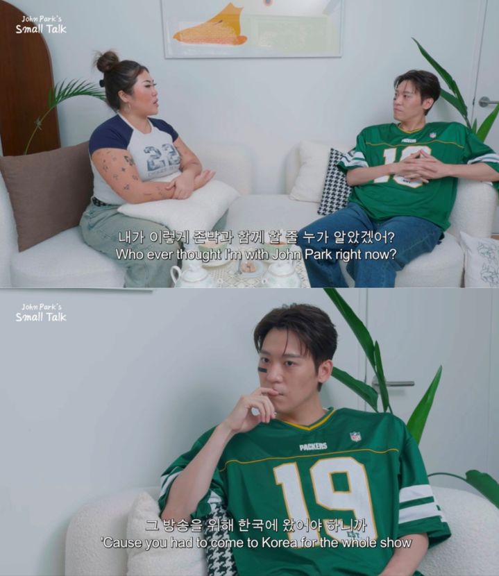 [서울=뉴시스] 존박은 최근 유튜브 채널 '존이냐박이냐'에 공개한 영상에서 크리에이터 '명예영국인' 백진경과 영어로 대화를 나눴다. (사진=뮤직팜엔터테인먼트) 2026.08.13. photo@newsis.com *재판매 및 DB 금지