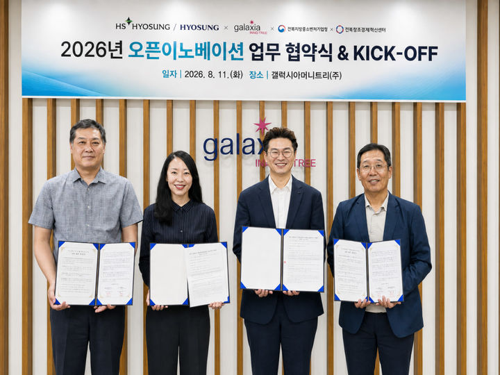 (왼쪽부터)이우상 전북창조경제혁신센터 팀장, 최아영 딜미 대표, 윤민성 커런시유나이티드 대표, 김규태 갤럭시아머니트리 본부장 (사진=갤럭시아머니트리) *재판매 및 DB 금지