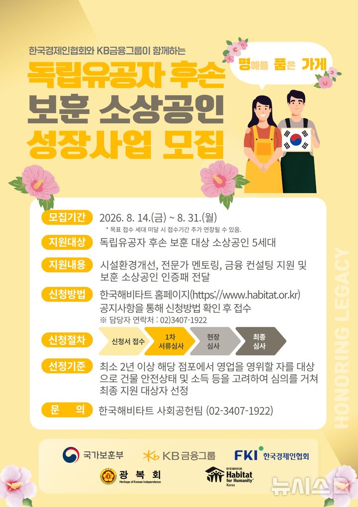 [서울=뉴시스]KB금융그룹은 광복 81주년을 맞아 독립유공자의 후손들이 안정적으로 생업을 이어가도록 지원하는 '명품가게' 프로젝트 2차년도 사업 참여자를 모집한다고 13일 밝혔다. (사진=KB금융 제공). 2026.08.13. photo@newsis.com 