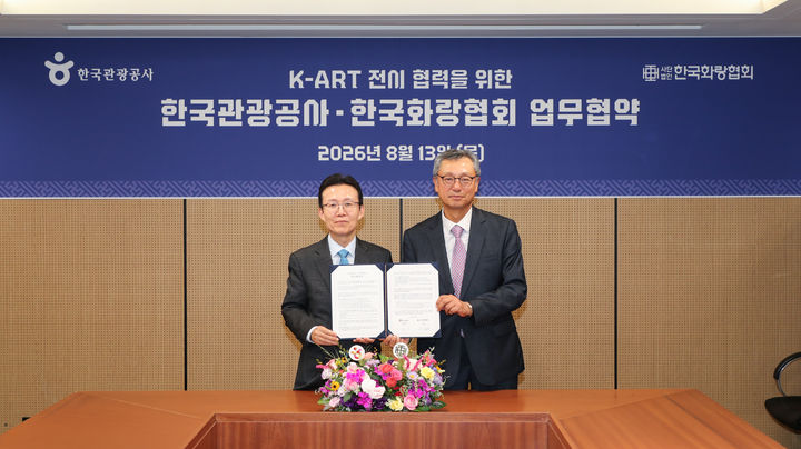 민병선 한국관광공사 관광산업본부장(왼쪽)과 이성훈 한국화랑협회 회장(오른쪽)이 업무협약(MOU) 체결 후 기념촬영을 하고 있다. 사진=(사)한국화랑협회 제공. *재판매 및 DB 금지