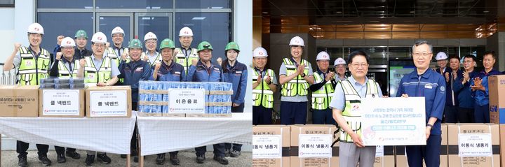 [울산=뉴시스] 권명호 한국동서발전 사장과 임직원들이 울산발전본부 협력사에 냉방기기 및 쿨넥밴드 등 폭염 대응 격려물품을 전달하고 있다. (사진=한국동서발전 제공) 2026.08.13. photo@newsis.com *재판매 및 DB 금지
