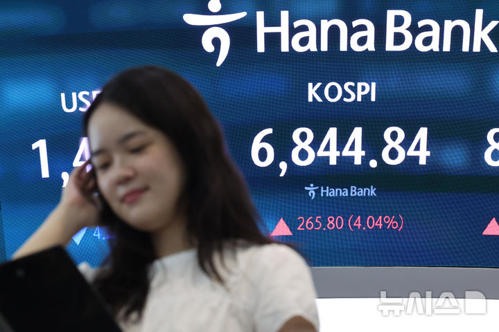 [서울=뉴시스] 김금보 기자 = 13일 서울 중구 하나은행 딜링룸에서 딜러들이 업무를 하고 있다.코스피는 194.88포인트(2.96%) 오른 6773.92에, 코스닥 지수는 4.24포인트(0.49%) 오른 863.15에 개장했다. 원·달러 환율은 오전 9시 기준 1416.6원을 기록했다. 2026.08.13. kgb@newsis.com