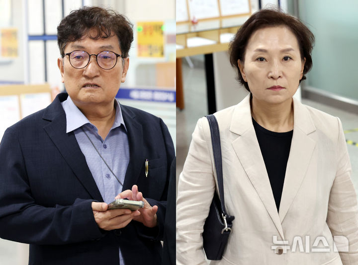 [서울=뉴시스] 박영태 기자 = 이정근 전 더불어민주당 사무부총장의 취업을 청탁하고자 민간기업에 외압을 행사한 혐의로 기소된 노영민 전 대통령 비서실장과 김현미 전 국토교통부 장관이 1심에서 무죄를 선고받았다. 사진은 노 전 실장과 김 장관이 13일 오전 서울 서초구 서울중앙지법에서 열린 '채용청탁·외압 혐의' 선고기일에 출석하는 모습. 2026.08.13. since1999@newsis.com