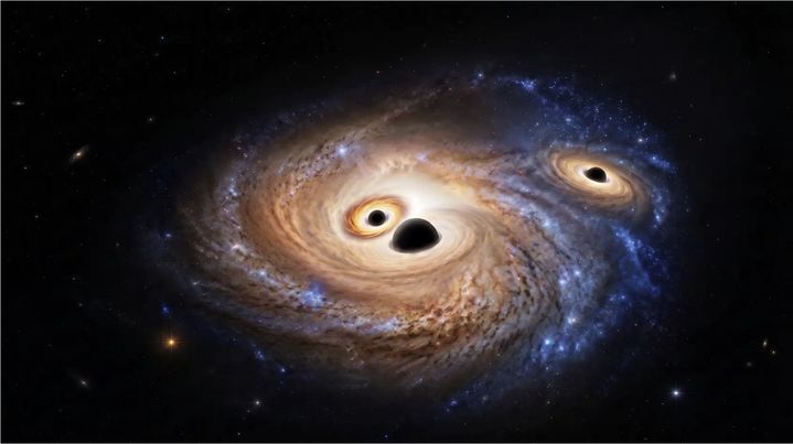 제임스웹 우주망원경(JWST) 관측으로 확인된 초기 우주 은하 J0148-4214의 거대 블랙홀 3개를 표현한 상상도. 연구진은 지구에서 125억광년 이상 떨어진 이 은하에서 활동 중인 블랙홀 3개를 처음 확인했다. (사진=막스플랑크연구소 홈페이지 캡처) *재판매 및 DB 금지