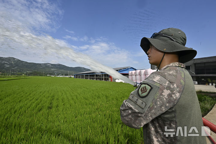 [나주=뉴시스] 양시원 기자 = 14일 오전 전남광주 나주시 노안면 한 논에서 육군 제31보병사단 화생방대대 소속 장병이 급수지원을 하고 있다. 2026.08.14. goodwrite97@newsis.com