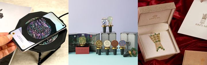 [서울=뉴시스] 왼쪽부터 자개소반 무선충전기, 조선왕실 와인마개, 금관 브로치. (사진=쉘랑코리아 홈페이지, 한국관광공사 홈페이지, 킴스미 제공) 2026.8.16. photo@newsis.com *재판매 및 DB 금지