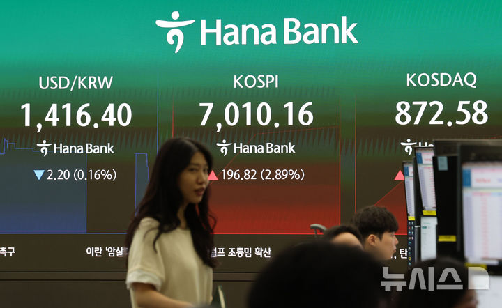 [서울=뉴시스] 권창회 기자 = 지난 14일 오전 서울 중구 하나은행 딜링룸에서 딜러들이 업무를 보고 있다. 2026.08.14. kch0523@newsis.com