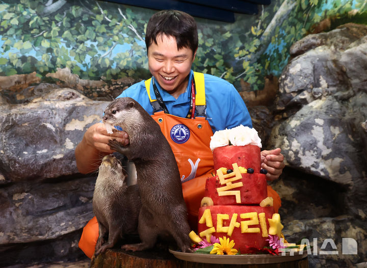 [서울=뉴시스] 박영태 기자 = 삼복더위의 마지막인 말복을 맞은 14일 서울 송파구 롯데월드 아쿠아리움에서 작은발톱수달이 복날을 맞아 꽁꽁 얼린 과일 특식을 먹으며 시원한 여름을 보내고 있다. 2026.08.14. since1999@newsis.com