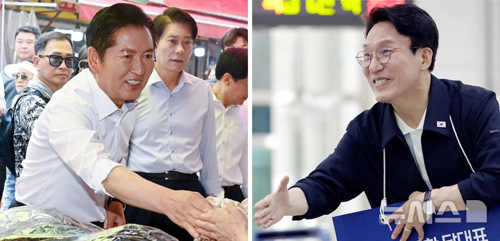 [서울·성남=뉴시스] 김종택 최동준 기자 = 정청래(왼쪽), 김민석 더불어민주당 당대표 후보가 14일 경기 성남시 모란시장, 서울 성동구 왕십리역에서 시민들과 인사를 하고 있다. 2026.08.14. photo@newsis.com