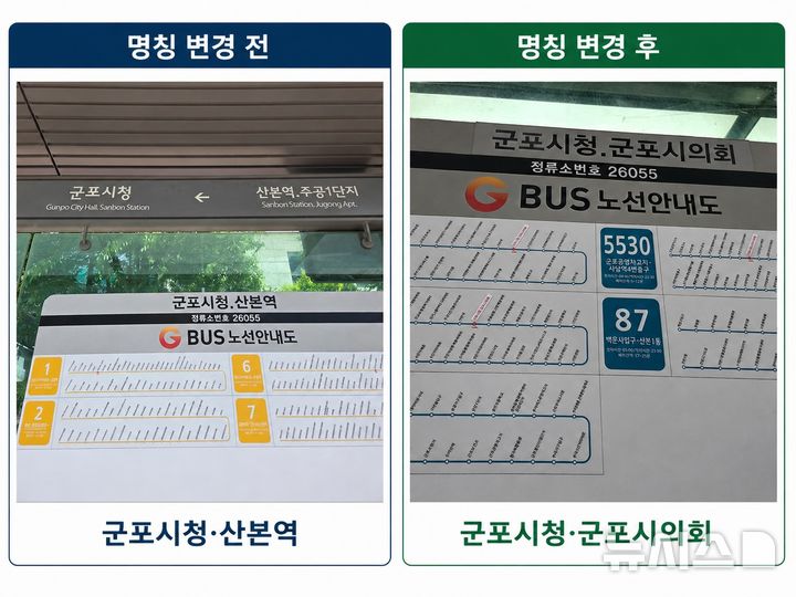 [군포=뉴시스] ‘군포시청·군포시의회’로 변경된 버스정류장 전경. (사진=군포시 의회 제공).2026.08.15. photo@newsis.com
