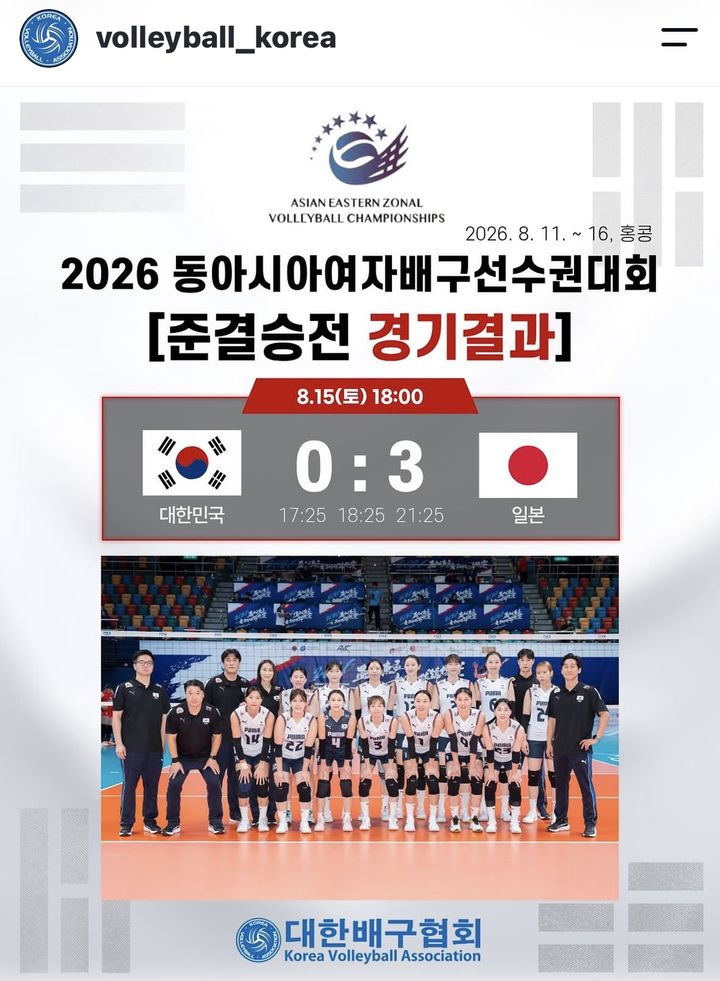 [서울=뉴시스]한국 여자배구, 동아시아선수권서 일본에 완패. (사진=대한배구협회 소셜미디어 캡처) 2026.08.15. photo@newsis.com *재판매 및 DB 금지