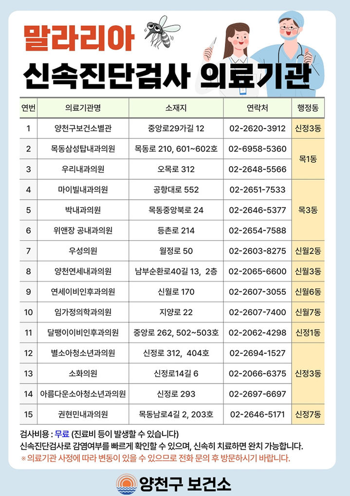 [서울=뉴시스] 서울 양천구의 말라리아 신속진단검사 지정 의료기관 안내문. (사진=양천구 제공) 2026.08.16. photo@newsis.com *재판매 및 DB 금지