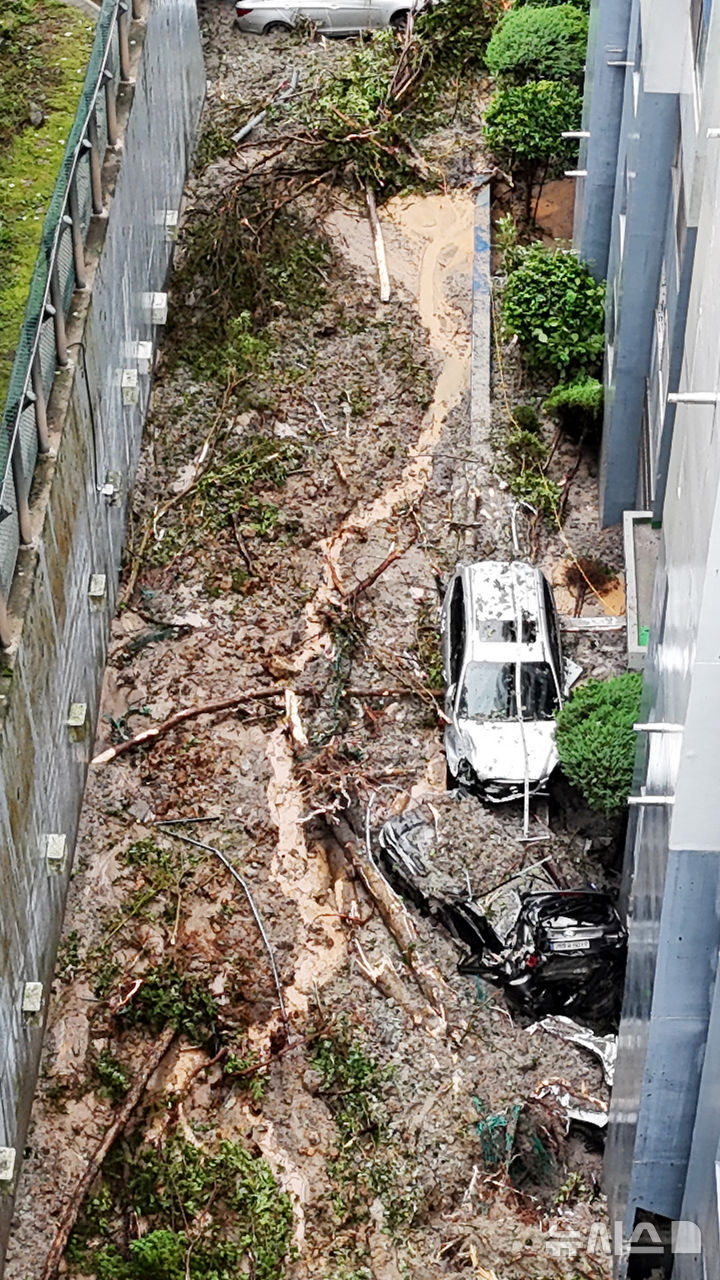 [거제=뉴시스] 차용현 기자 = 17일 오전 밤사이 내린 폭우로 경남 거제시 거제대로 인근 한 아파트 뒤편에서 산사태가 발생해 쏟아져 내린 토사가 주차된 차량 등을 덮쳐 피해가 발생했다. 2026.08.17. con@newsis.com
