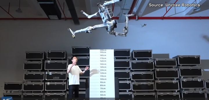 [서울=뉴시스]중국 로봇기업 유니트리(위수커지)가 인간의 달리기 속도와 제자리 높이뛰기 기록을 넘어선 최신 휴머노이드 로봇 초인(슈퍼맨)을 공개했다. 이 로봇이 점프를 하는 모습 .<사진출처: 웨이보> 2026.08.18