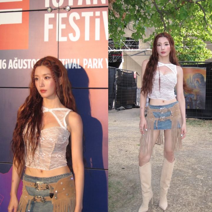 [서울=뉴시스] 권은비가 지난 14일(현지 시간) 튀르키예 이스탄불에서 열린 '이스탄불 페스티벌' 무대에 올라 탄탄한 몸매와 늘씬한 비주얼을 뽐내고 있다. (사진=인스타그램 '권은비' 캡처)