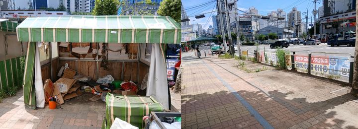 [서울=뉴시스] 서울 강서구 증미역 인근 거리가게의 행정대집행 실시 전(왼쪽)과 후(오른쪽) 모습. (사진=강서구 제공) 2026.08.18. photo@newsis.com *재판매 및 DB 금지