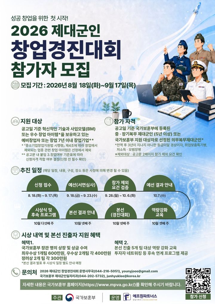 보훈부, ‘2026년 제대군인 창업 경진대회’ 참가자 모집