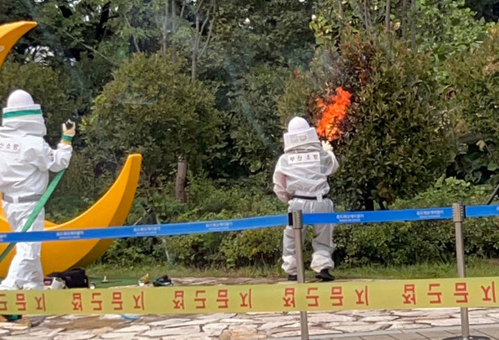 [부산=뉴시스] 18일 부산 서구 송도해상케이블카 암남공원쪽 입구에서 시민 10여 명이 말벌에 쏘이는 사고를 당한 가운데 119구조대가 벌집 제거 작업을 벌이고 있다. (사진=부산소방재난본부 제공) 2026.08.18. photo@newsis.com *재판매 및 DB 금지