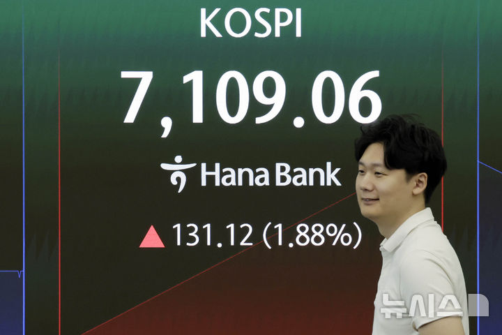 [서울=뉴시스] 최동준 기자 = 코스피가 전 거래일보다 131.63포인트(2.15%) 오른 7127.77로 장을 시작한 18일 서울 중구 하나은행 딜링룸에서 딜러들이 업무를 보고 있다. 2026.08.18. photocdj@newsis.com