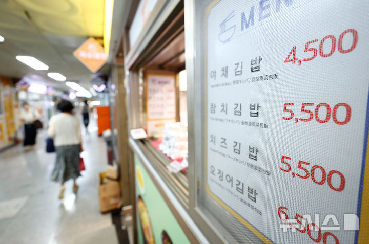 [서울=뉴시스] 전신 기자 = 18일 서울 시내 한 분식집에 김밥 가격이 게시돼 있다.한국소비자원 가격정보종합포털 참가격에 따르면 지난 6월 기준 김밥 한 줄 평균가격(서울 기준)은 3838원으로 1년 전보다 5.9% 올랐다. 쌀, 계란, 김과 같이 김밥에 들어가는 재료 가격이 오르면서 김밥 가격이 주요 외식 품목 중 가장 빠르게 오른 것으로 나타났다. 2026.08.18. photo1006@newsis.com