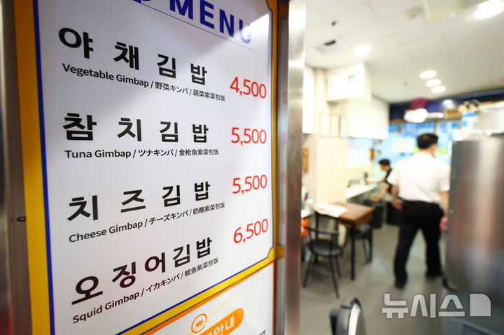 [서울=뉴시스] 전신 기자 = 지난 18일 서울 시내 한 분식집에 김밥 가격이 게시돼 있다. 한국소비자원 가격정보종합포털 참가격에 따르면 지난 6월 기준 김밥 한 줄 평균가격(서울 기준)은 3838원으로 1년 전보다 5.9% 올랐다. 쌀, 계란, 김과 같이 김밥에 들어가는 재료 가격이 오르면서 김밥 가격이 주요 외식 품목 중 가장 빠르게 오른 것으로 나타났다. 2026.08.18. photo1006@newsis.com