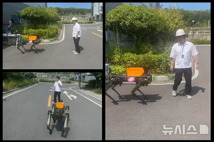 (왼쪽 위) 피지컬AI 로봇과 작업자가 작업 전 안전수칙 및 절차 등을 의사소통하는 모습, (오른쪽) 피지컬AI 로봇이 작업자를 추종하는 모습, (왼쪽 아래) 작업자 위험상황(헬멧 미착용)에 대해 피지컬AI 로봇이 경고음을 울리는 모습. (사진=한전KPS 제공) photo@newsis.com *재판매 및 DB 금지