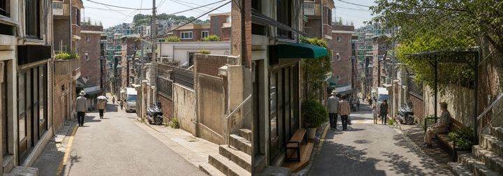 [서울=뉴시스] 생활가로의 보행그늘 조성 전(왼쪽)과 후(오른쪽)를 나타낸 이미지. (사진=서울시 제공) 2026.08.19. photo@newsis.com *재판매 및 DB 금지