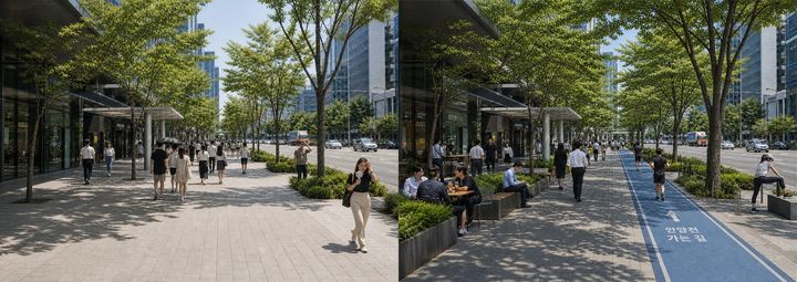 [서울=뉴시스] 활력가로의 보행그늘 조성 전(왼쪽)과 후(오른쪽)를 나타낸 이미지. (사진=서울시 제공) 2026.08.19. photo@newsis.com *재판매 및 DB 금지
