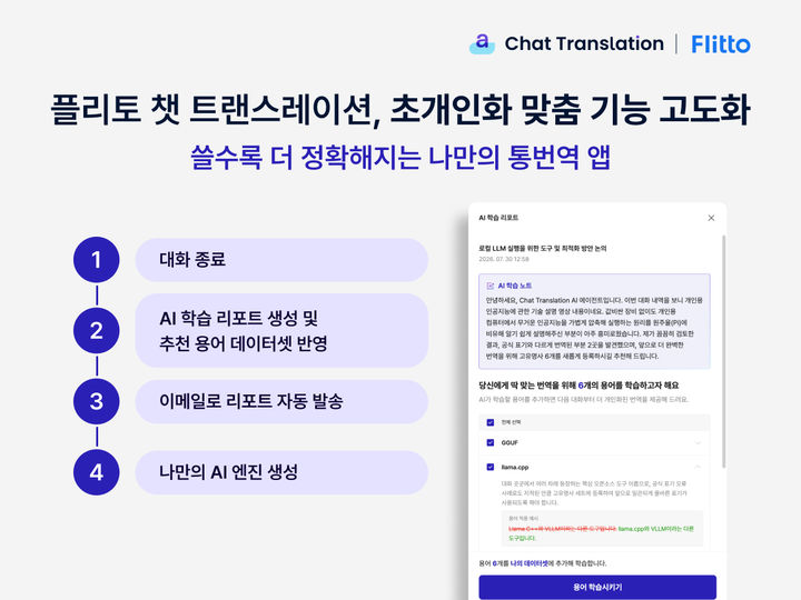 [서울=뉴시스] 플리토는 챗 트랜스레이션에 AI 학습 리포트 기반 추천 용어 기능을 탑재하는 등 개인화 기능을 고도화했다. (사진=플리토 제공) *재판매 및 DB 금지
