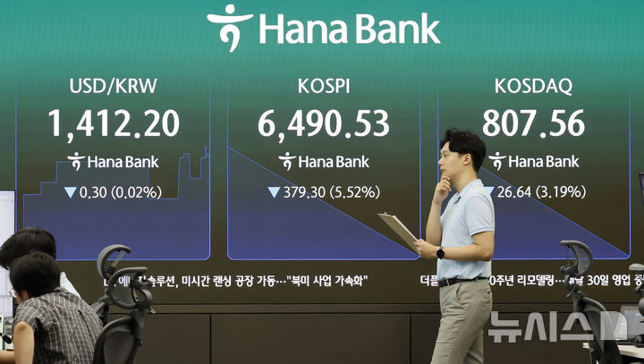 [서울=뉴시스] 김혜진 기자 = 19일 오전 서울 중구 하나은행 딜링룸 전광판에 주요 지수가 표시 되고 있다. 2026.08.19. jini@newsis.com