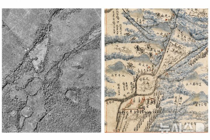 [제주=뉴시스] 1967년 항공사진(왼쪽)과 1702년 제주목사 이형상이 제작한 탐라순력도의 '산장구마'. 항공사진에는 미원장과 사장, 두원장으로 이어지는 산장구마 시설로 추정되는 원형 공간과 통로의 윤곽이 남아 있다. (사진= 항공사진은 제주도 공간포털, 산장구마는 제주도 홈페이지 탐라순력도에서 각각 캡처) photo@newsis.com
