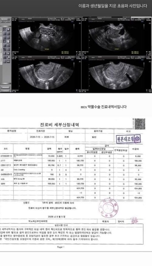 [서울=뉴시스] 배우 홍민기의 사생활 폭로를 이어가고 있는 전 여자친구 A씨가 20일 자신의 사회관계망서비스(SNS)에 올린 초음파 사진과 진료 내역서. (사진=A씨 인스타그램) 2026.08.20. photo@newsis.com *재판매 및 DB 금지