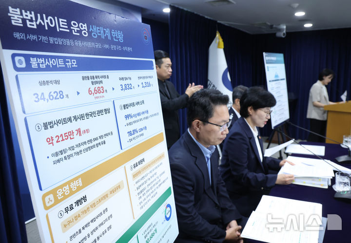 [서울=뉴시스] 조수정 기자 = 원민경 성평등가족부 장관이 20일 오전 서울 종로구 정부서울청사에서 관계부처 합동 불법사이트 통합 대응 방안을 발표하고 있다. 왼쪽은 신영규 방송미디어통신위원회 방송통신이용자정책국장. 2026.08.20. chocrystal@newsis.com