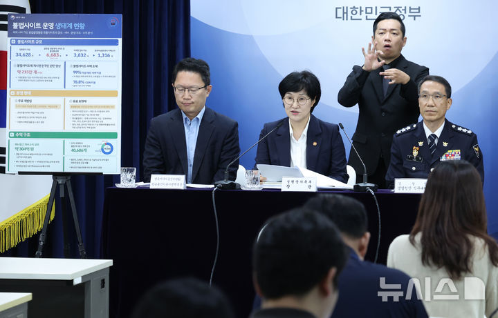 [서울=뉴시스] 조수정 기자 = 원민경 성평등가족부 장관이 20일 오전 서울 종로구 정부서울청사에서 관계부처 합동 불법사이트 통합 대응 방안을 발표하고 있다. 오른쪽은 유재성 경찰청장 직무대행, 왼쪽은 신영규 방송미디어통신위원회 방송통신이용자정책국장. 2026.08.20. chocrystal@newsis.com