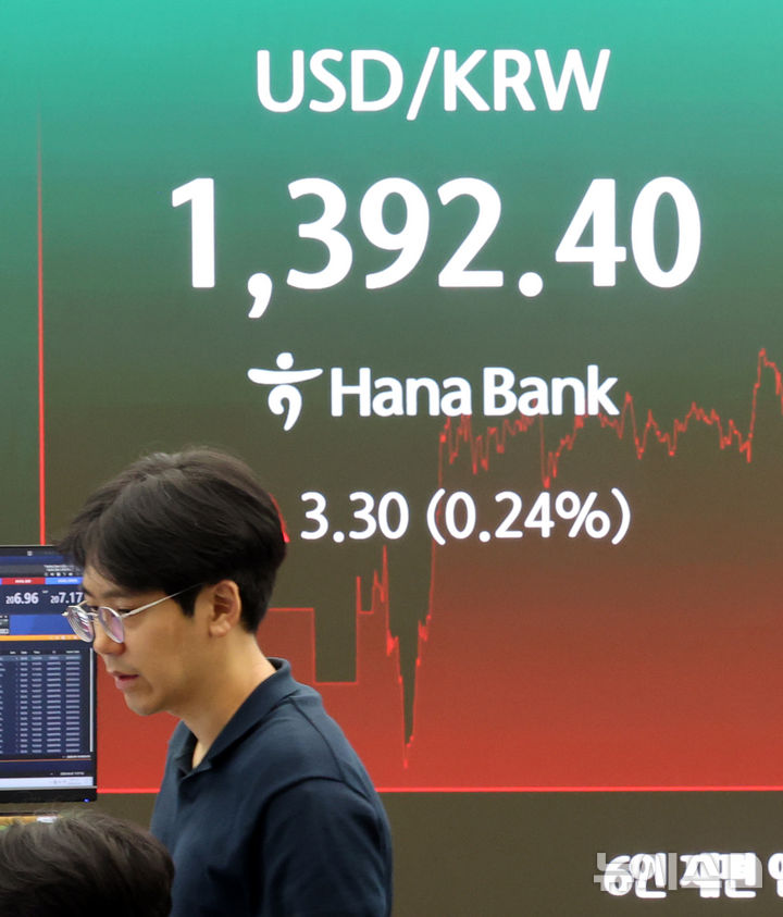 [서울=뉴시스] 박주성 기자 = 사진은 지난 20일 오후 서울 중구 하나은행 딜링룸에서 딜러들이 업무를 하고 있는 모습. 2026.08.20. park7691@newsis.com