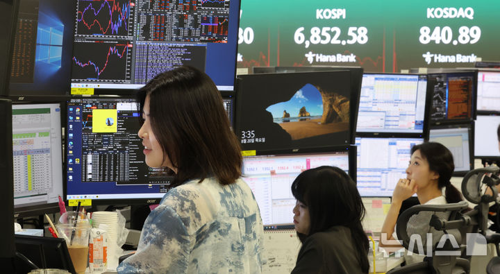 [서울=뉴시스] 박주성 기자 = 20일 오후 서울 중구 하나은행 딜링룸에서 딜러들이 업무를 하고 있다.코스피는 전일보다 381.41포인트(5.89%) 오른 6852.58 마감했고 코스닥 지수는 전일보다 16.43포인트(1.99%) 상승한 840.89 마감했다. 2026.08.20. park7691@newsis.com