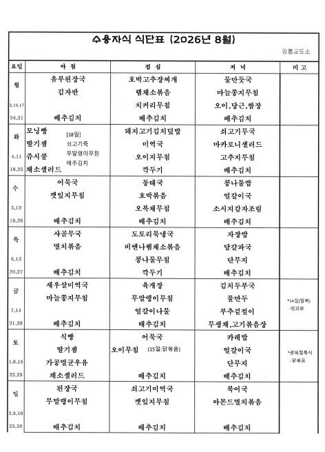 [서울=뉴시스] 광복절을 맞아 일부 교정시설 수용자들에게 치킨과 피자 등 특식이 제공됐다. (사진=법무부 수용자 식단표)