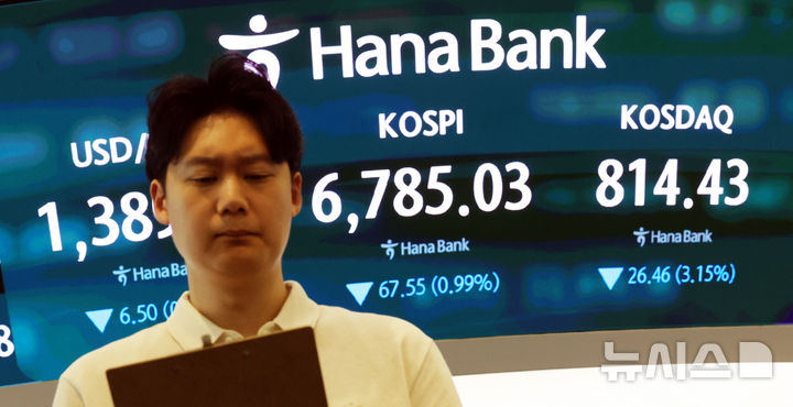 [서울=뉴시스] 박영태 기자 = 코스피가 92.63포인트(1.35%) 내린 6759.95 장을 시작한 21일 오전 서울 중구 하나은행 본점 딜링룸에서 딜러가 업무를 보고 있다. 2026.08.21. since1999@newsis.com