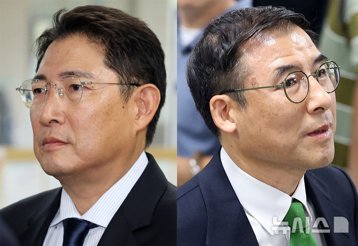 [서울=뉴시스] 조성우 기자 = 조현문(오른쪽) 전 효성 부사장 '강요미수' 혐의 관련 공판이 열린 21일 서울 서초구 서울중앙지방법원에서 조현준(왼쪽) 효성그룹 회장이 공판에 증인 출석하고 있다. 2026.08.21. xconfind@newsis.com