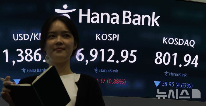 [서울=뉴시스] 김혜진 기자 = 지난 21일 서울 중구 하나은행 딜링룸 전광판에 주요 지수가 표시 되고 있다. 2026.08.21. jini@newsis.com