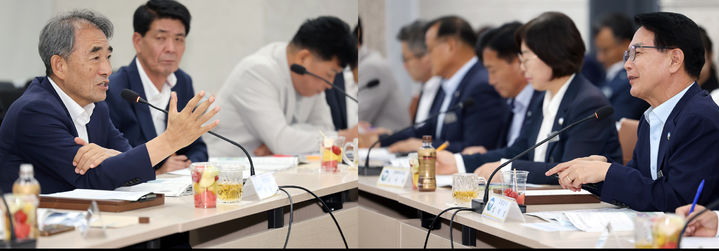 [고창=뉴시스] 지난 21일 고창군청에서 열린 고창군과 더불어민주당 지역위원회와의 당정정책협의회, 윤준병 의원(왼쪽)과 심덕섭 고창군수(오른쪽)가 고창군 현안사업에 대한 의견을 나누고 있다. (사진=고창군 제공) 2026.08.22. photo@newsis.com *재판매 및 DB 금지