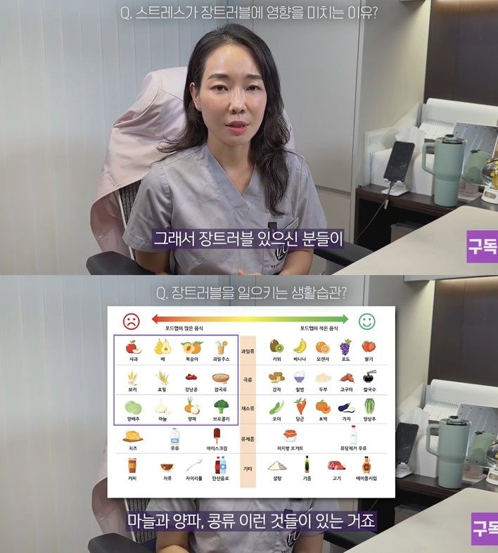 [서울=뉴시스] 영상의학과 전문의 이원경 교수는 장 트러블을 유발하는 대표적인 포드맵(FODMAP) 식품 성분을 설명하고 있다. (사진 출처=유튜브 채널 '암 찾는 의사 이원경' 캡처)
